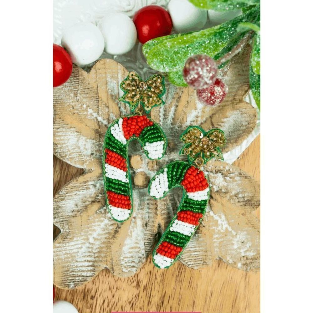 Christmas Candy Cane Seed Bead Earrings